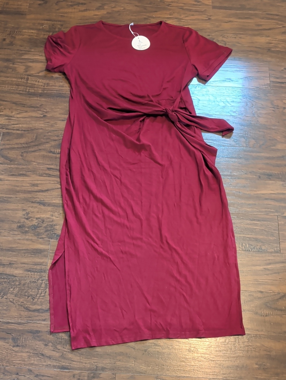 Tie-Waist Short Sleeve Midi Dress in Deep Wine